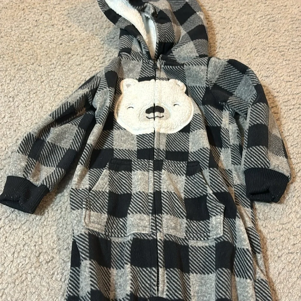 Carters Jumpsuit- Buffalo plaid black and gray with cute little bear- 12 months